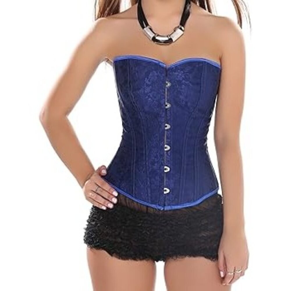 Women's Royal Blue Tapestry Corset Victorian Bustier Floral Top Size Medium
